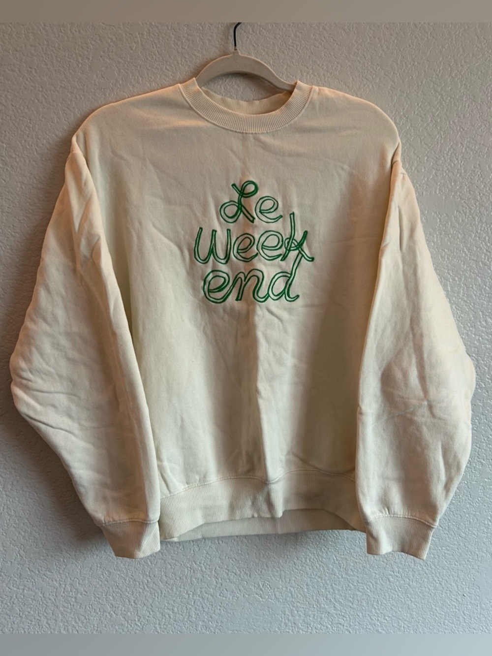 Clare V. Le Weekend Embroidered Comfy Sweatshirt Sweater Cream Off White Green - Picture 5 of 10